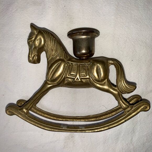 Triptych Brass Candle Holder Set - Joy Design, Rocking Horse, Voltive Pine Trees - Picture 9 of 13